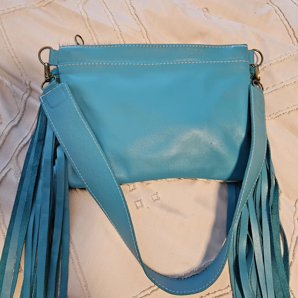 Blue and Brown Crossbody Bag with Fringe Details - Picture 2 of 2
